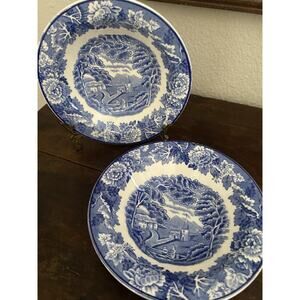 Vintage Woods Ware Flow Blue Berry Bowls Wood & Sons England Set Of 2